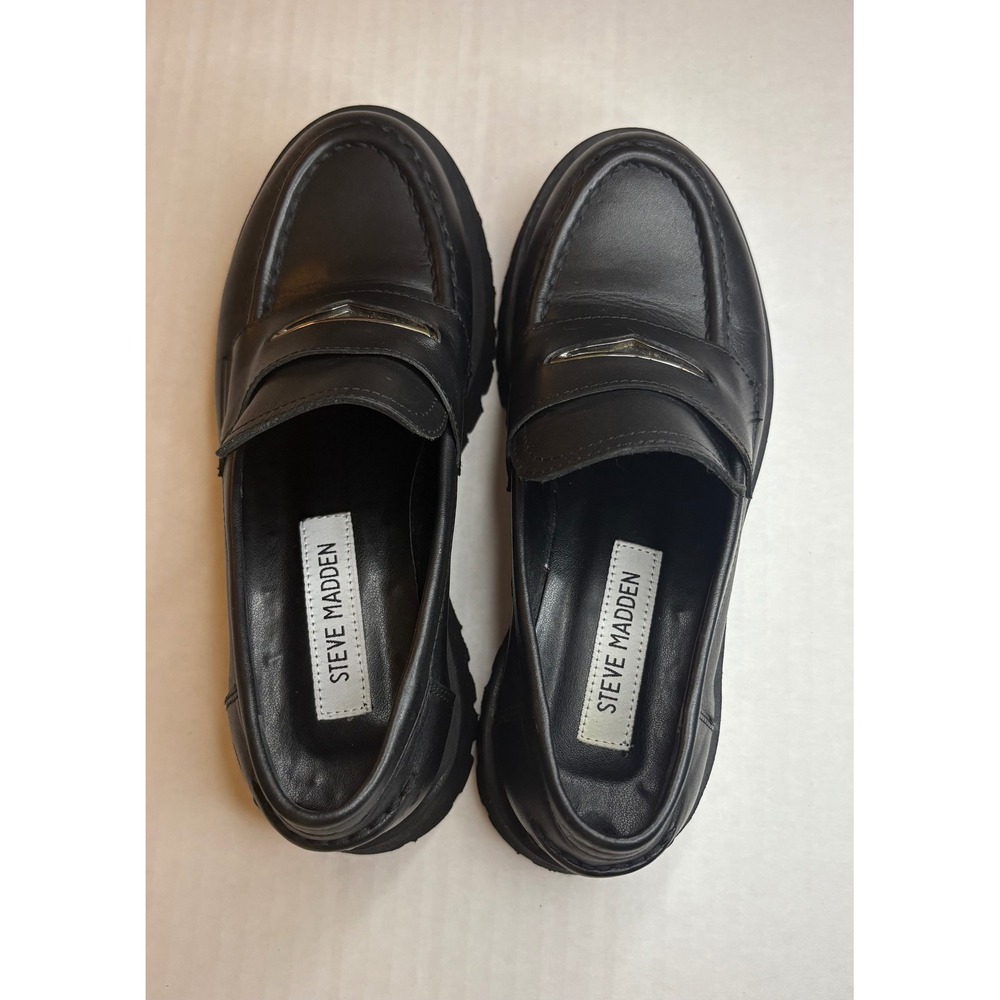 Steve Madden Lawrence Black Leather Chunky Platform Loafers Y2K Academia Sz 5 - Picture 5 of 10